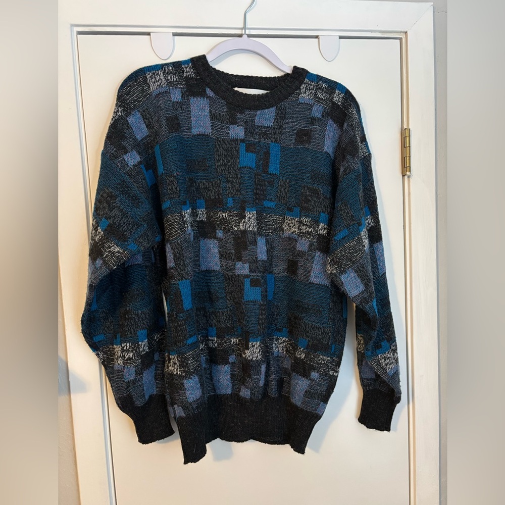 Vintage Men's Patchwork Crewneck Sweater - Black and Blue
